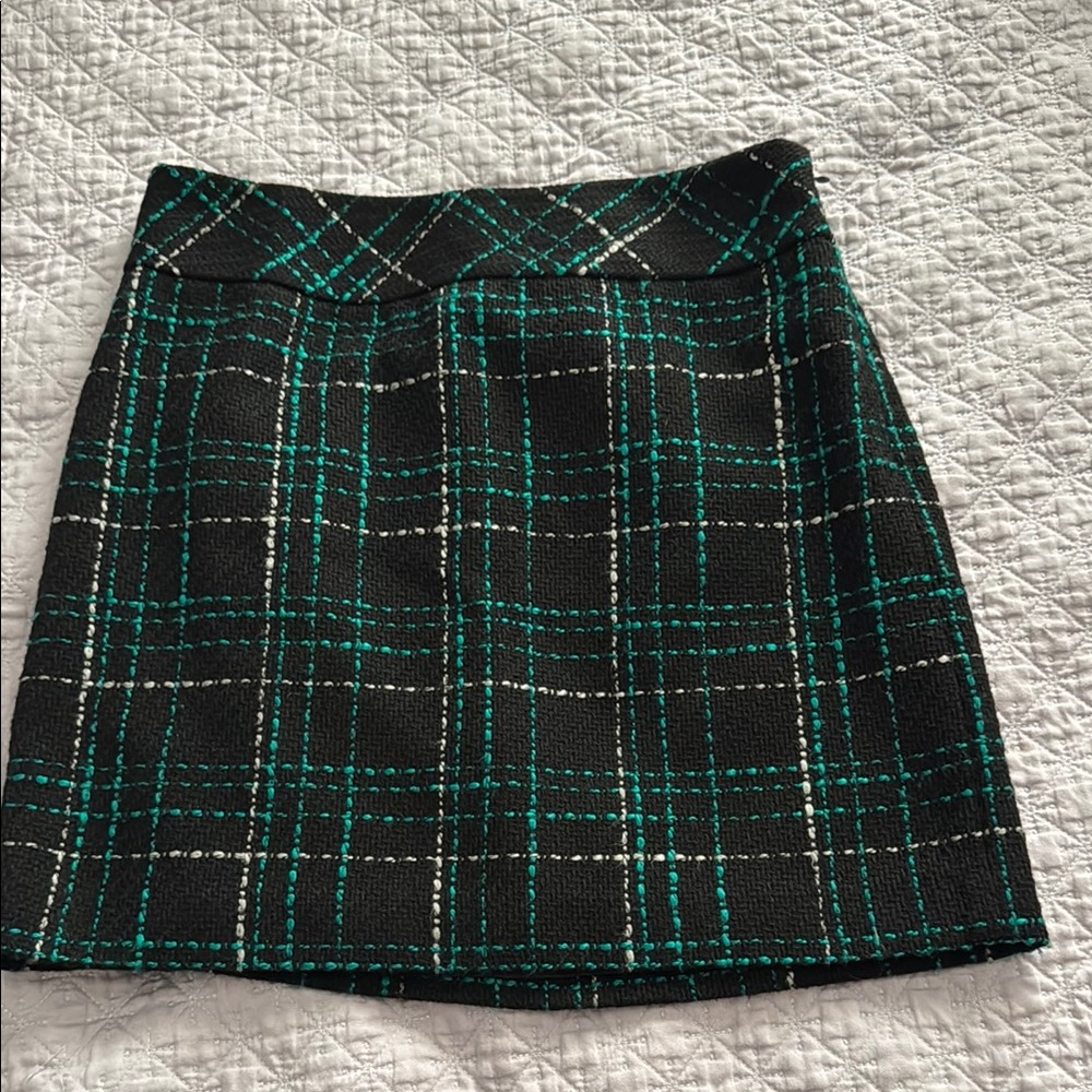 LOFT Black and Green Checkered A-Line Skirt